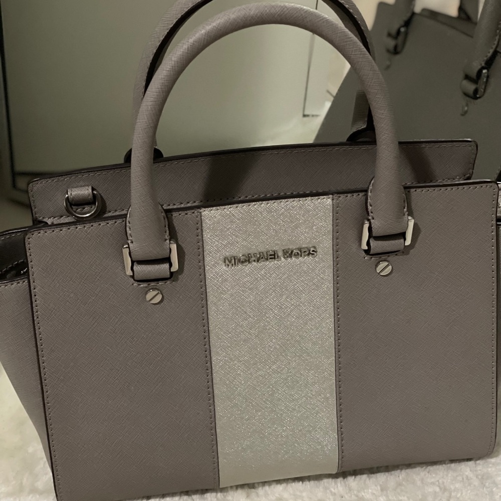 Selma Metallic Center-Stripe Saffiano Satchel Bag gray